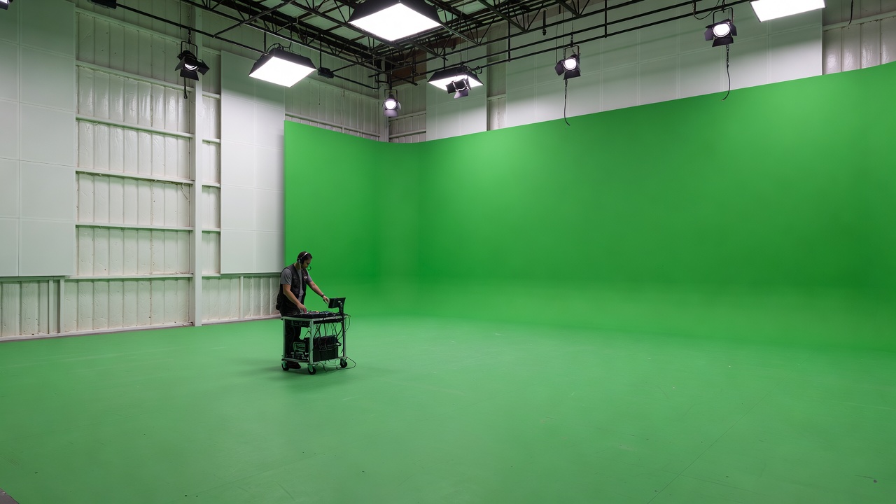Design concept: filmmaker alone on a giant greenscreen soundstage inside a large metal building