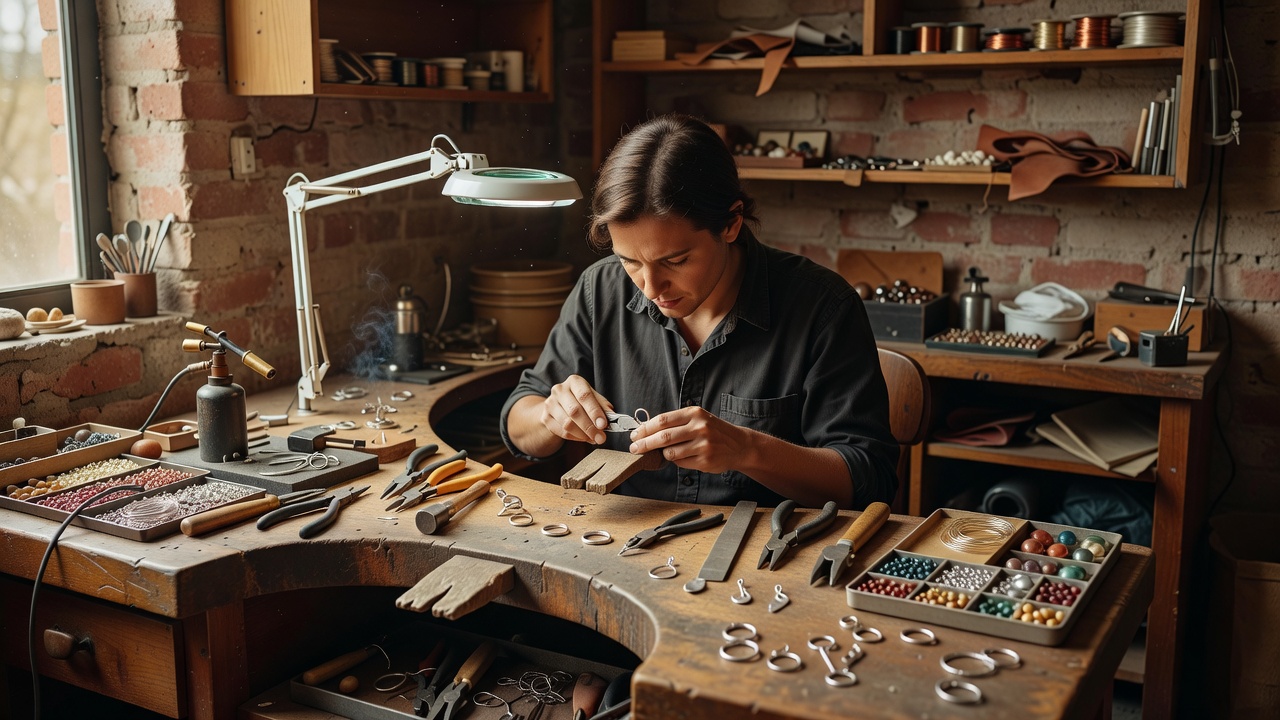 Design concept: jeweler alone at a workbench in a warm private metalsmith studio
