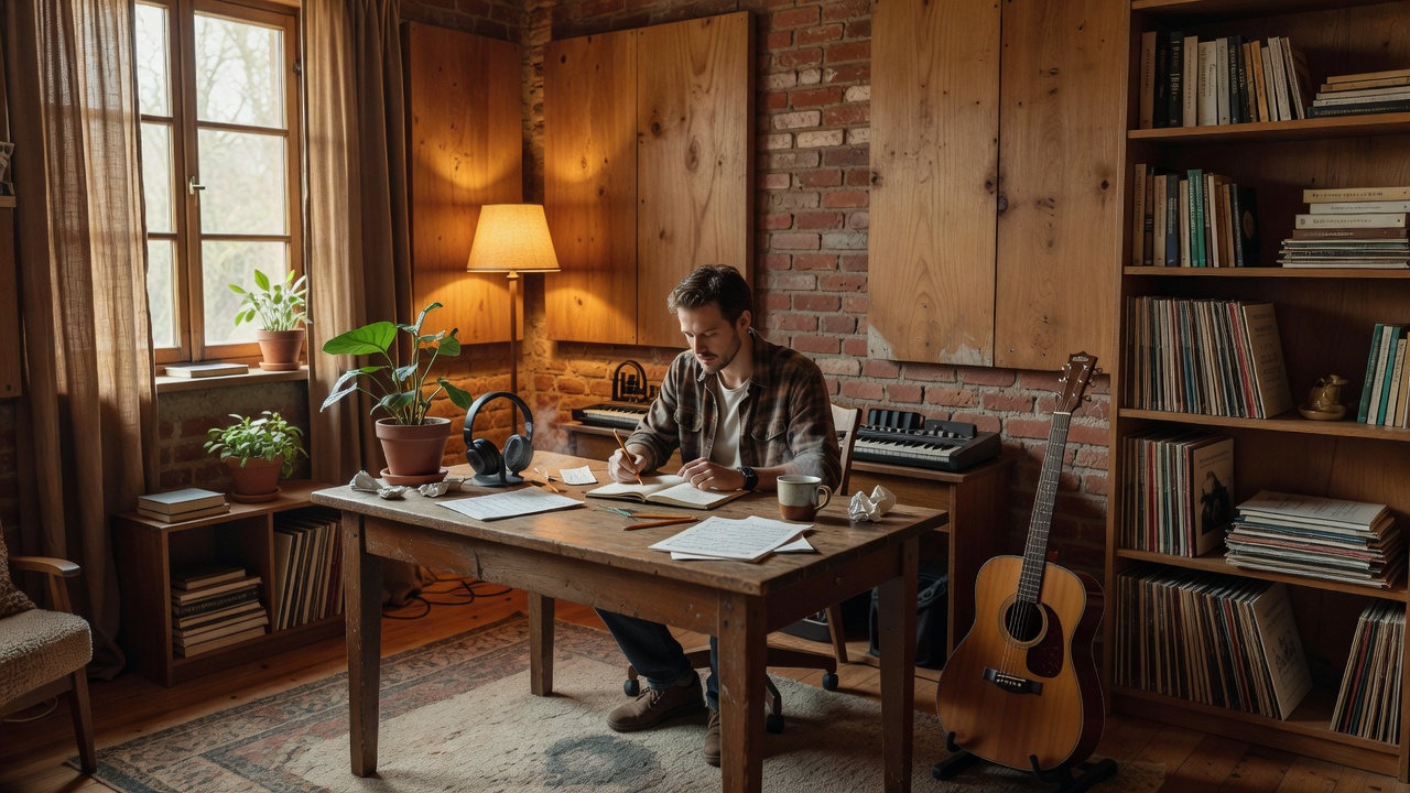 Design concept: musician with guitar and keyboard in a studio room