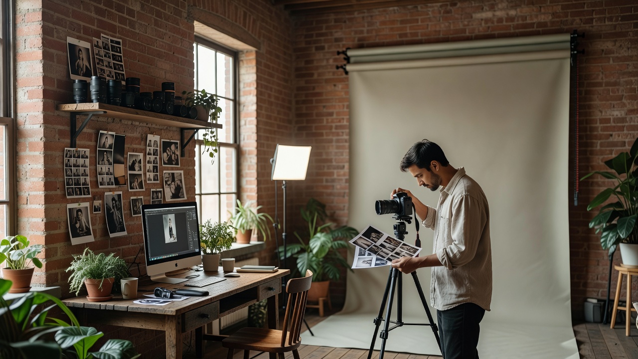 Design concept: photographer alone in a warm private photo studio with backdrop and gear