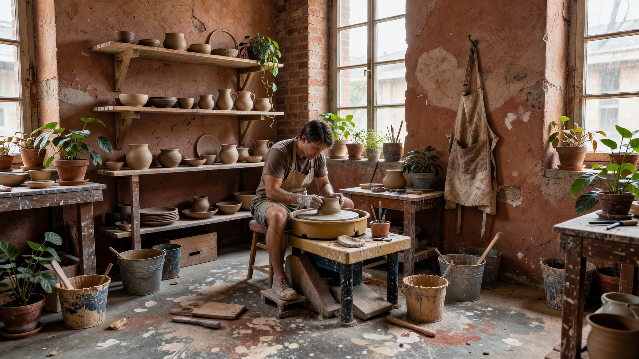 Design concept: potter alone at a wheel in a private clay studio