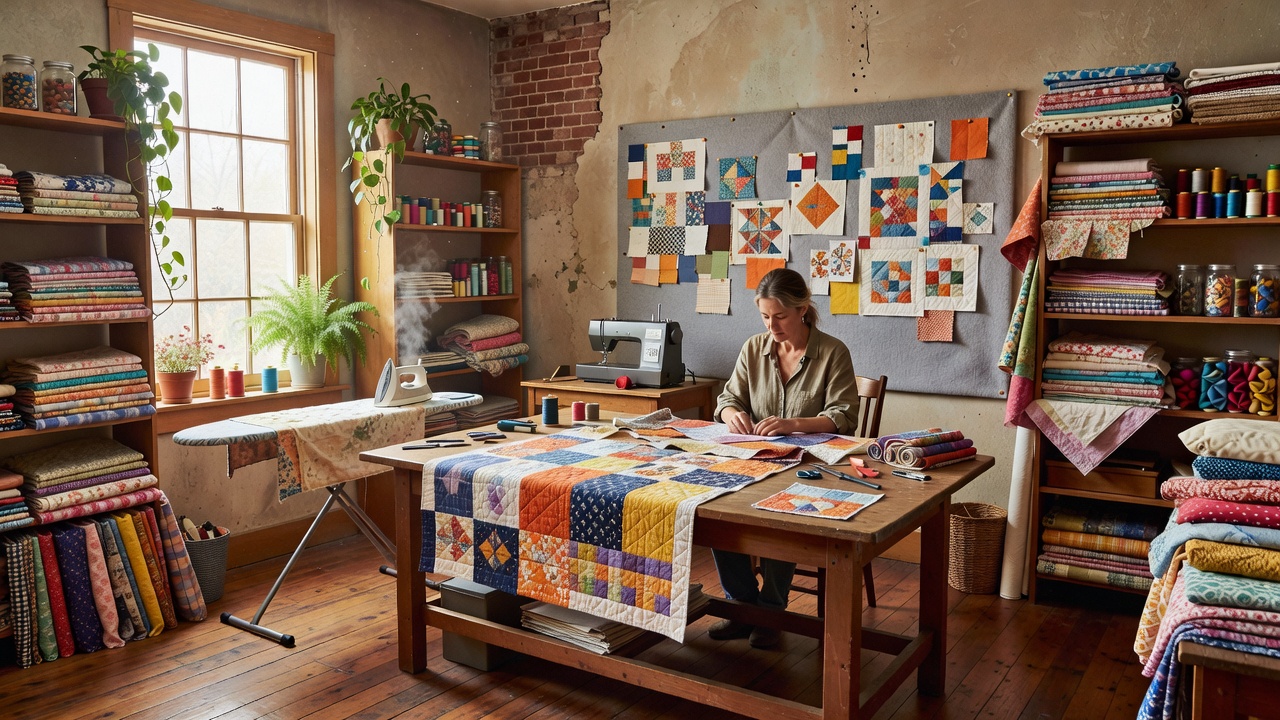 Design concept: quilter alone at a cutting table in a warm private fabric studio