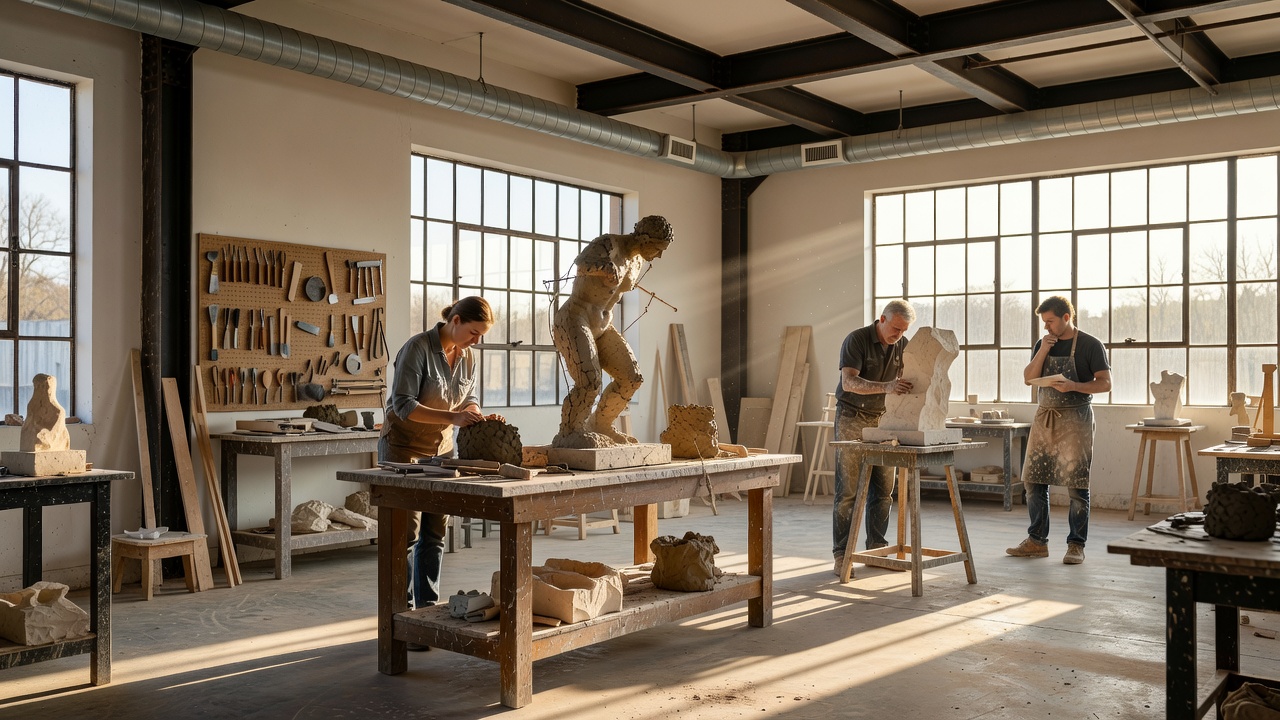 Design concept: sculptor at a work table in a loft studio