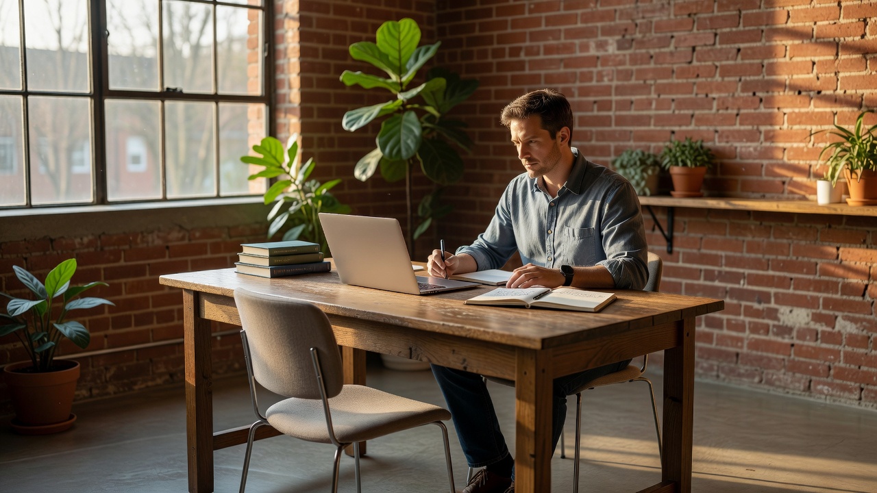 Design concept: writing desk by a large window